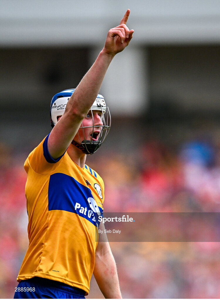21 July 2024; Diarmuid Ryan of Clare reacts after attempting to score a point during the GAA Hurling All-Ireland Senior Championship Final match between Clare and Cork at Croke Park in Dublin. Photo by Seb Daly/Sportsfile