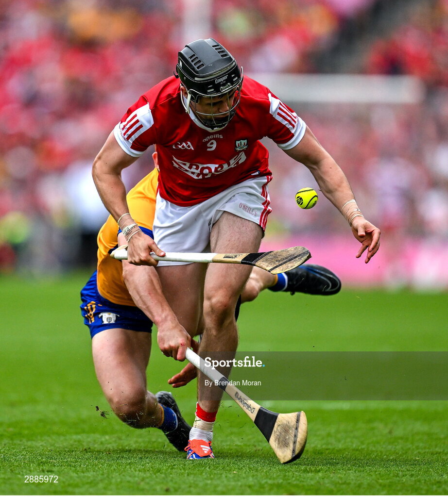 21 July 2024; Darragh Fitzgibbon of Cork is dispossessed by John Conlon of Clare during the GAA Hurling All-Ireland Senior Championship Final between Clare and Cork at Croke Park in Dublin. Photo by Brendan Moran/Sportsfile
