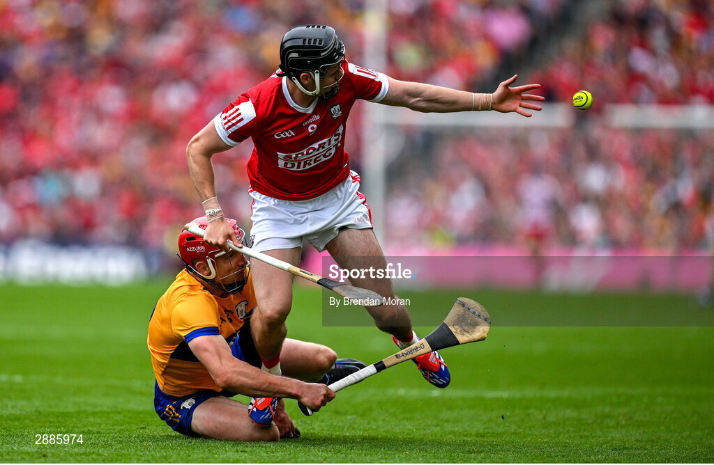 21 July 2024; Darragh Fitzgibbon of Cork is dispossessed by John Conlon of Clare during the GAA Hurling All-Ireland Senior Championship Final between Clare and Cork at Croke Park in Dublin. Photo by Brendan Moran/Sportsfile