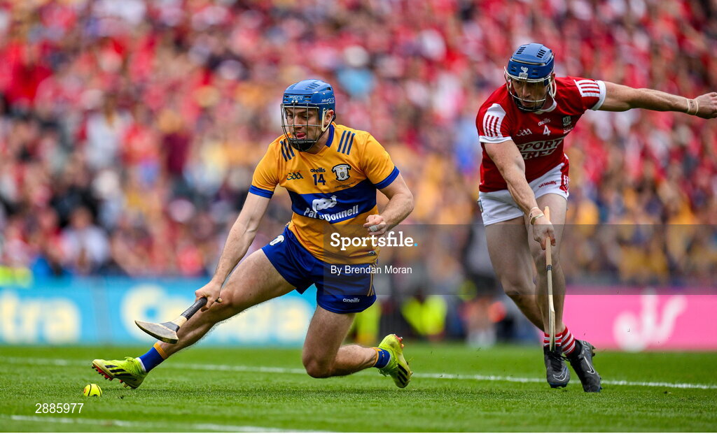 21 July 2024; Shane O'Donnell of Clare in action against Seán O'Donoghue of Cork during the GAA Hurling All-Ireland Senior Championship Final between Clare and Cork at Croke Park in Dublin. Photo by Brendan Moran/Sportsfile