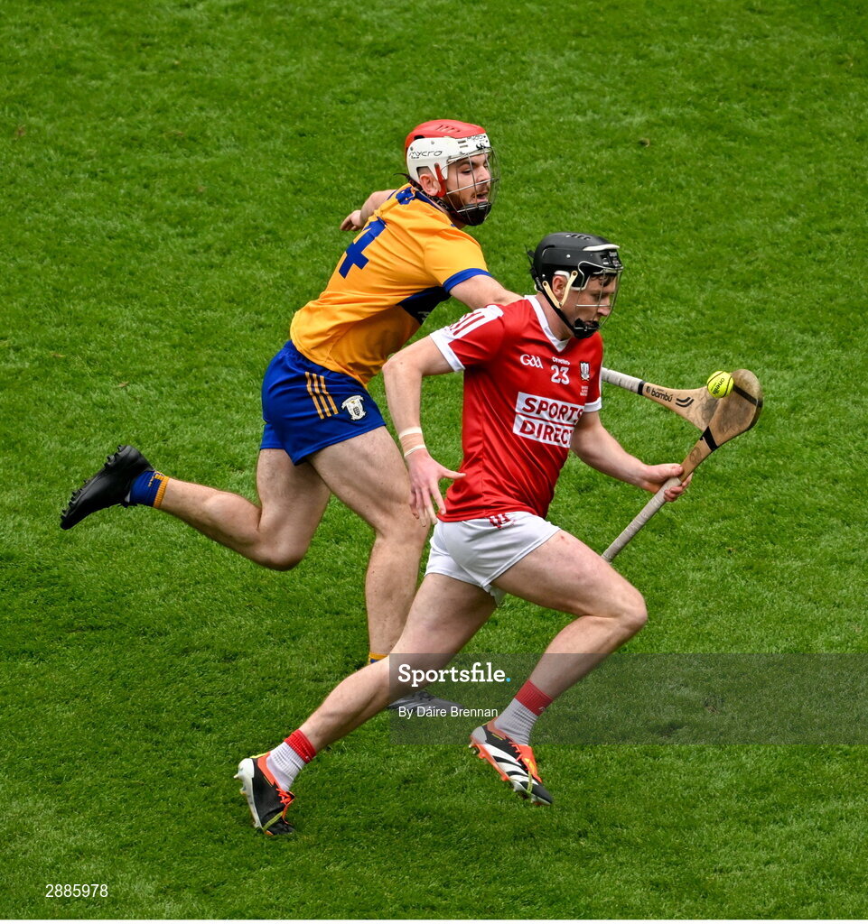 21 July 2024; Jack O'Connor of Cork in action against Conor Leen of Clare during the GAA Hurling All-Ireland Senior Championship Final between Clare and Cork at Croke Park in Dublin. Photo by Daire Brennan/Sportsfile