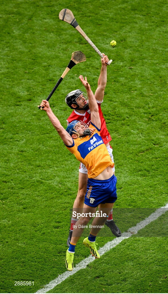 21 July 2024; Shane O'Donnell of Clare in action against Ger Mellerick of Cork during the GAA Hurling All-Ireland Senior Championship Final between Clare and Cork at Croke Park in Dublin. Photo by Daire Brennan/Sportsfile