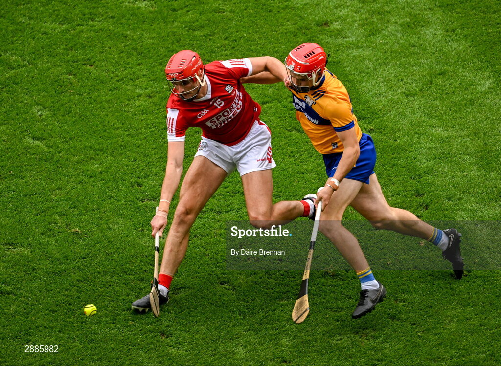 21 July 2024; Brian Hayes of Cork in action against Darragh Lohan of Clare during the GAA Hurling All-Ireland Senior Championship Final between Clare and Cork at Croke Park in Dublin. Photo by Daire Brennan/Sportsfile