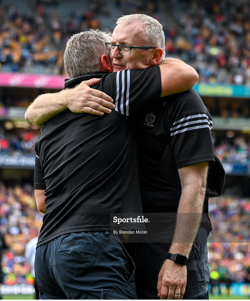 21 July 2024; Clare manager Brian Lohan, right celebrates with selector Ken Ralph after the GAA Hurling All-Ireland Senior Championship Final between Clare and Cork at Croke Park in Dublin. Photo by Brendan Moran/Sportsfile