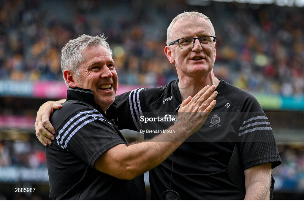 21 July 2024; Clare manager Brian Lohan, right celebrates with selector Ken Ralph after the GAA Hurling All-Ireland Senior Championship Final between Clare and Cork at Croke Park in Dublin. Photo by Brendan Moran/Sportsfile