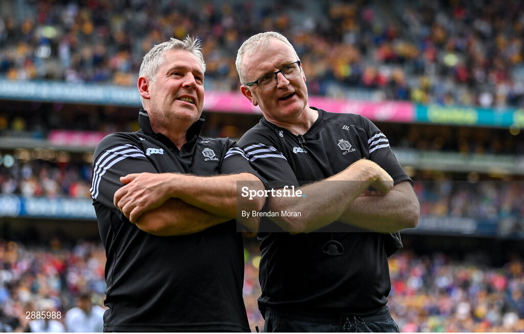 21 July 2024; Clare manager Brian Lohan, right, and  selector Ken Ralph after the GAA Hurling All-Ireland Senior Championship Final between Clare and Cork at Croke Park in Dublin. Photo by Brendan Moran/Sportsfile