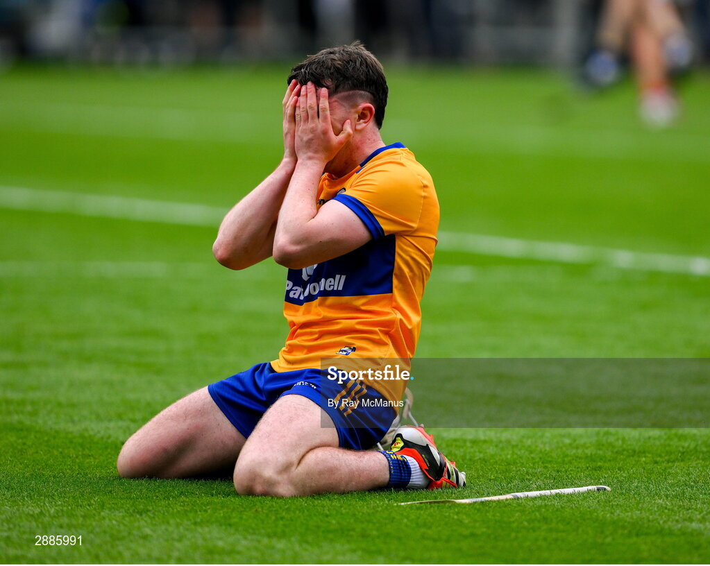 21 July 2024; Adam Hogan of Clare reacts to the final whistle of the GAA Hurling All-Ireland Senior Championship Final between Clare and Cork at Croke Park in Dublin. Photo by Ray McManus/Sportsfile