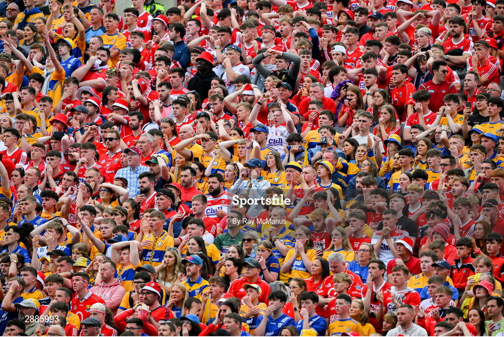 21 July 2024; Clare and Cork supporters, on Hill 16, during the last minutes of the GAA Hurling All-Ireland Senior Championship Final between Clare and Cork at Croke Park in Dublin. Photo by Ray McManus/Sportsfile
