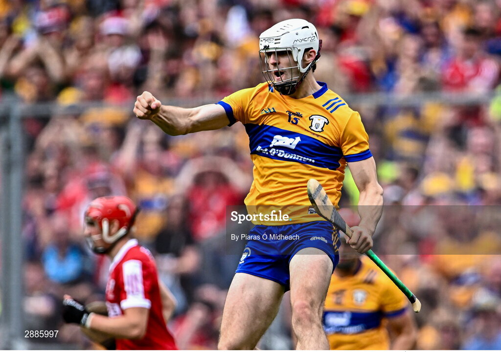 21 July 2024; Aidan McCarthy of Clare celebrates scoring his side's first goal during the GAA Hurling All-Ireland Senior Championship Final between Clare and Cork at Croke Park in Dublin. Photo by Piaras Ó Mídheach/Sportsfile
