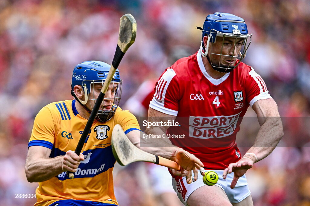 21 July 2024; Shane O'Donnell of Clare in action against Seán O'Donoghue of Cork during the GAA Hurling All-Ireland Senior Championship Final between Clare and Cork at Croke Park in Dublin. Photo by Piaras Ó Mídheach/Sportsfile