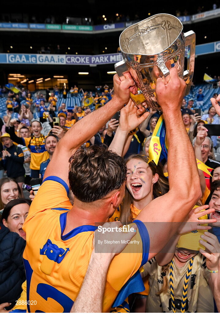 21 July 2024; Peter Duggan of Clare and supporters celebrate with the Liam MacCarthy cup after the GAA Hurling All-Ireland Senior Championship Final between Clare and Cork at Croke Park in Dublin. Photo by Stephen McCarthy/Sportsfile