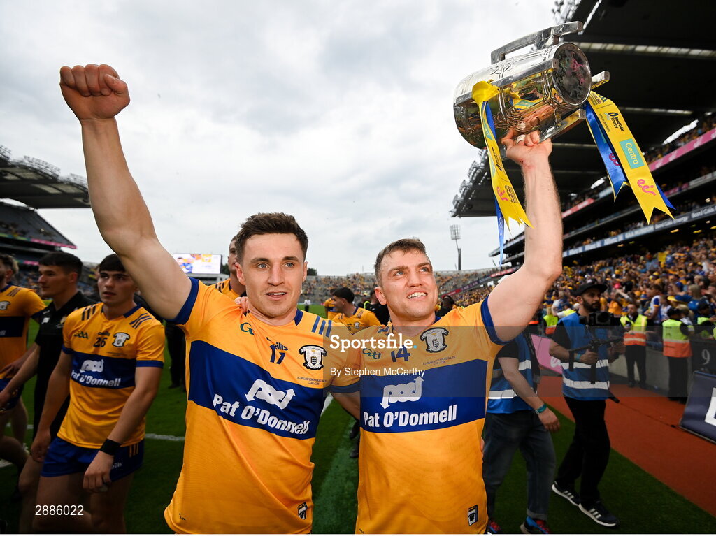 21 July 2024; Rory Hayes, left, and Shane O'Donnell of Clare celebrate with the Liam MacCarthy cup during the GAA Hurling All-Ireland Senior Championship Final between Clare and Cork at Croke Park in Dublin. Photo by Stephen McCarthy/Sportsfile