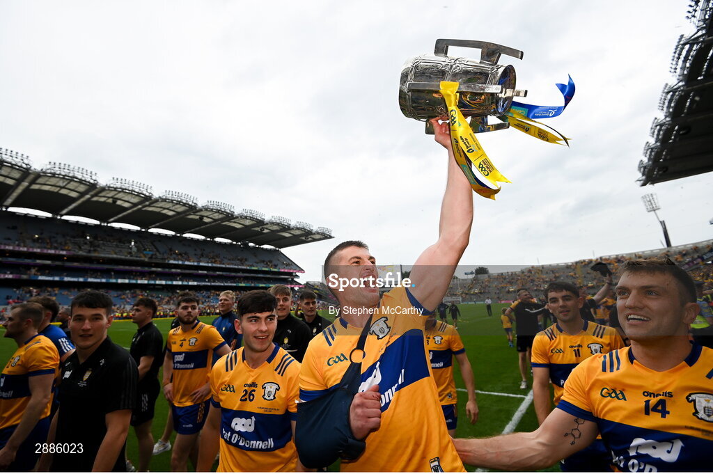 21 July 2024; Conor Cleary of Clare celebrates with the Liam MacCarthy cup after the GAA Hurling All-Ireland Senior Championship Final between Clare and Cork at Croke Park in Dublin. Photo by Stephen McCarthy/Sportsfile