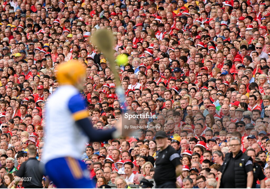 21 July 2024; Supporters watch on during the GAA Hurling All-Ireland Senior Championship Final between Clare and Cork at Croke Park in Dublin. Photo by Stephen McCarthy/Sportsfile