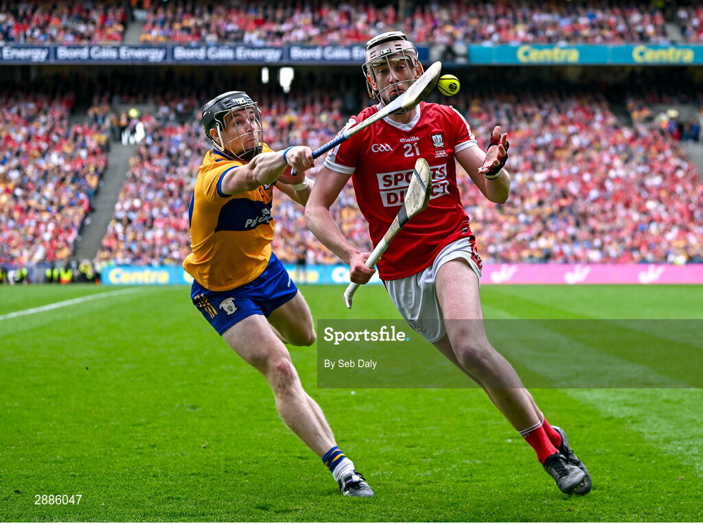 21 July 2024; Ethan Twomey of Cork is tackled by Tony Kelly of Clare during the GAA Hurling All-Ireland Senior Championship Final match between Clare and Cork at Croke Park in Dublin. Photo by Seb Daly/Sportsfile