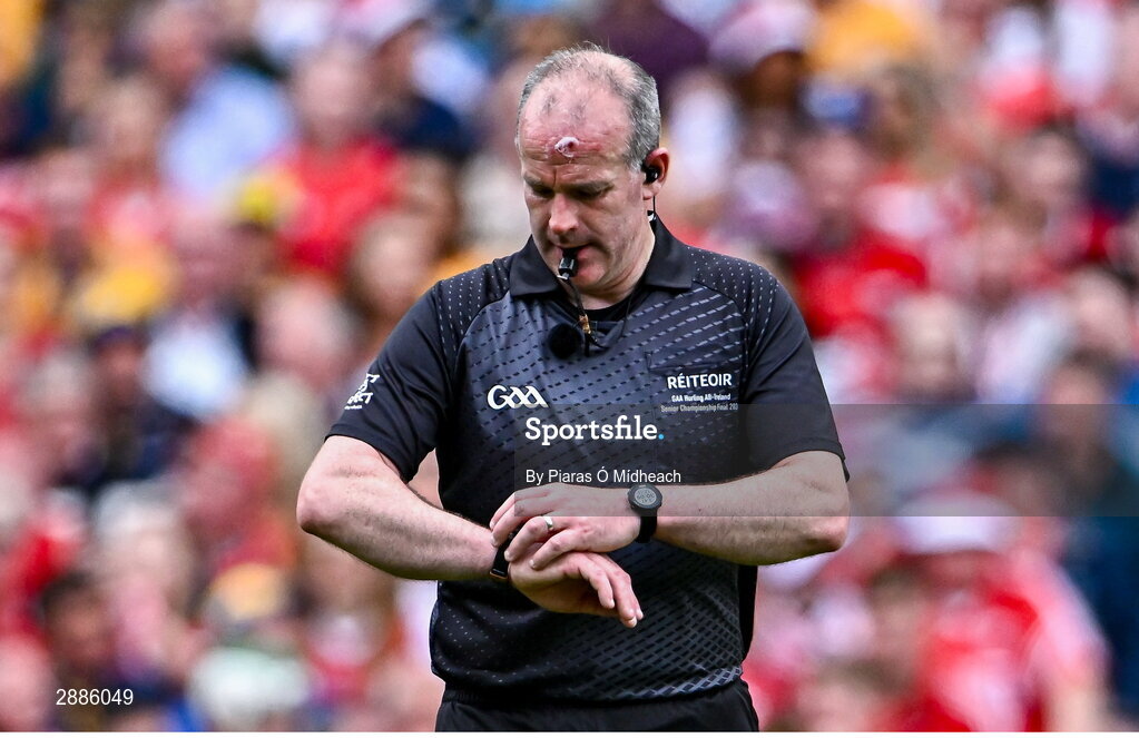21 July 2024; Referee Johnny Murphy after receiving medical attention during the GAA Hurling All-Ireland Senior Championship Final between Clare and Cork at Croke Park in Dublin. Photo by Piaras Ó Mídheach/Sportsfile