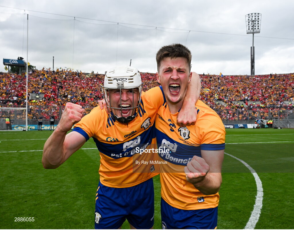 21 July 2024; Cian Galvin and Diarmuid Ryan of Clare celebrate after the GAA Hurling All-Ireland Senior Championship Final between Clare and Cork at Croke Park in Dublin. Photo by Ray McManus/Sportsfile