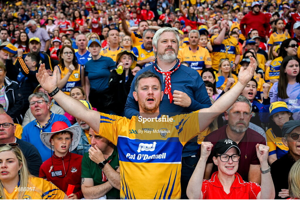 21 July 2024; Clare and Cork supporters, in the Cusack Stand, during the last minutes of the GAA Hurling All-Ireland Senior Championship Final between Clare and Cork at Croke Park in Dublin. Photo by Ray McManus/Sportsfile
