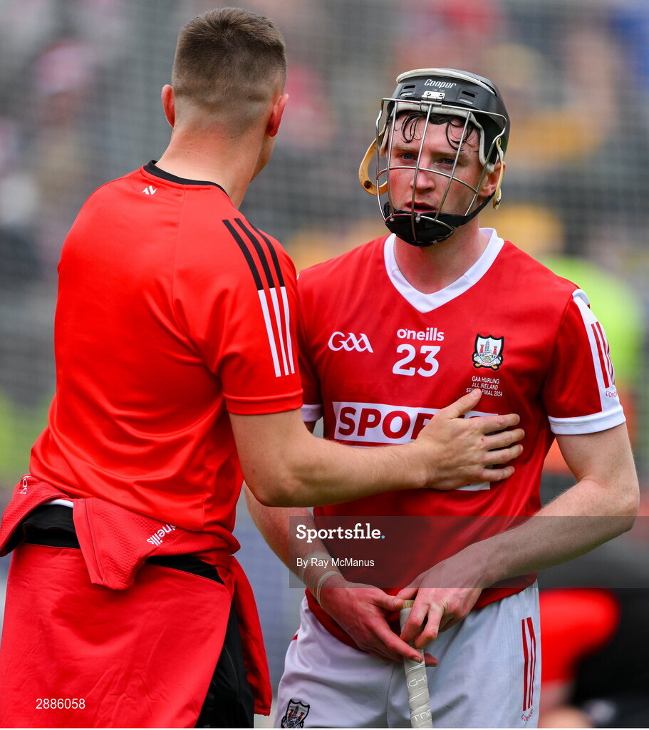 21 July 2024; Jack O'Connor of Cork is comforted after the GAA Hurling All-Ireland Senior Championship Final between Clare and Cork at Croke Park in Dublin. Photo by Ray McManus/Sportsfile