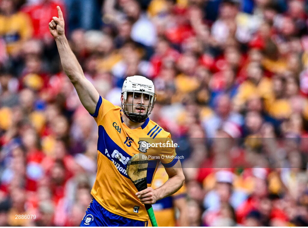 21 July 2024; Aidan McCarthy of Clare celebrates after scoring a point during the GAA Hurling All-Ireland Senior Championship Final between Clare and Cork at Croke Park in Dublin. Photo by Piaras Ó Mídheach/Sportsfile