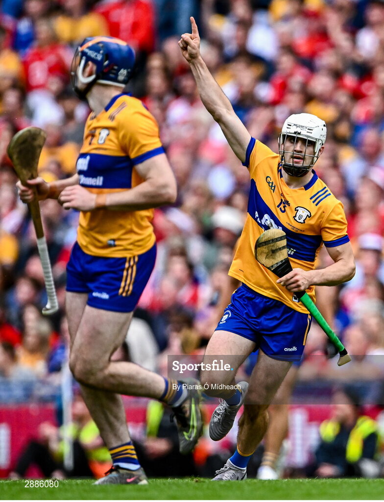 21 July 2024; Aidan McCarthy of Clare celebrates after scoring a point during the GAA Hurling All-Ireland Senior Championship Final between Clare and Cork at Croke Park in Dublin. Photo by Piaras Ó Mídheach/Sportsfile