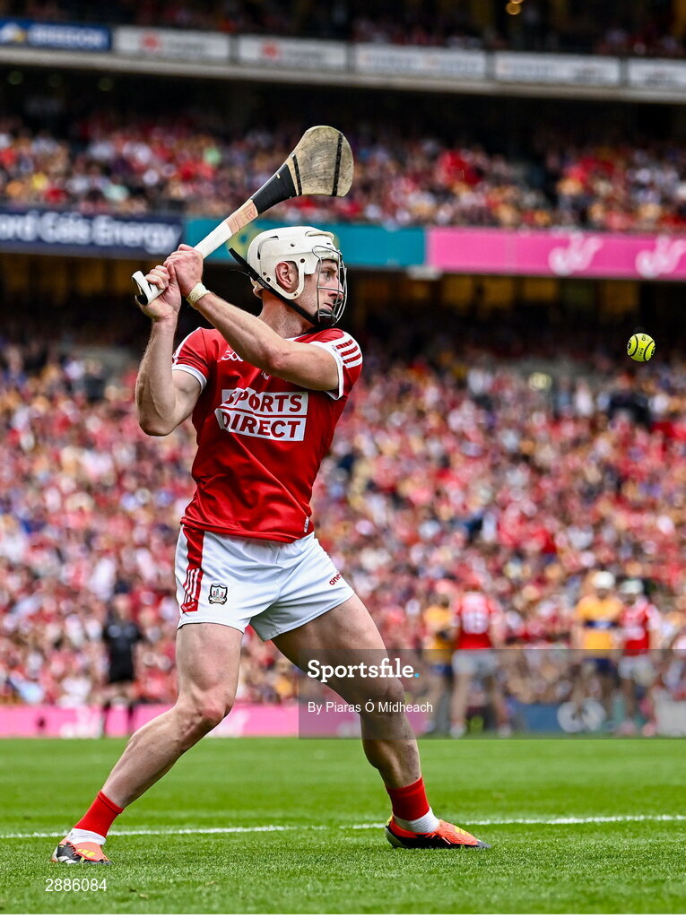 21 July 2024; Patrick Horgan of Cork takes a free during the GAA Hurling All-Ireland Senior Championship Final between Clare and Cork at Croke Park in Dublin. Photo by Piaras Ó Mídheach/Sportsfile