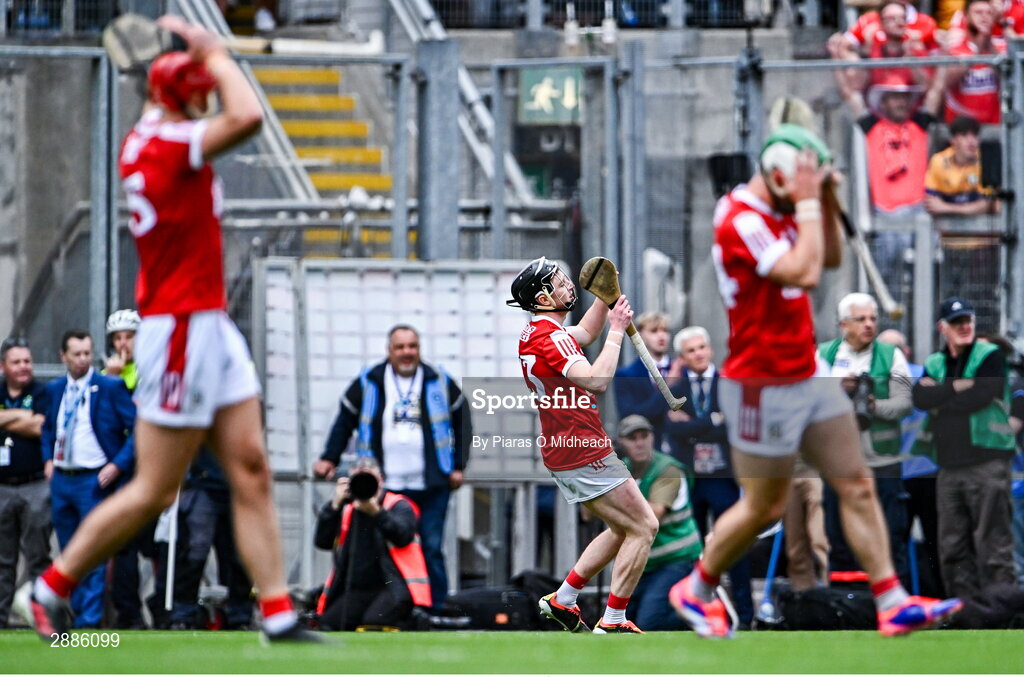 21 July 2024; Jack O'Connor of Cork, centre, reacts after hitting a wide during the GAA Hurling All-Ireland Senior Championship Final between Clare and Cork at Croke Park in Dublin. Photo by Piaras Ó Mídheach/Sportsfile