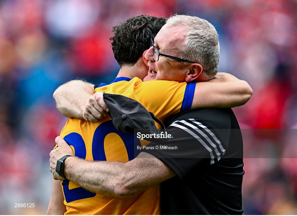 21 July 2024; Clare manager Brian Lohan celebrates with his nephew Darragh Lohan of Clare after their side's victory in the GAA Hurling All-Ireland Senior Championship Final between Clare and Cork at Croke Park in Dublin. Photo by Piaras Ó Mídheach/Sportsfile