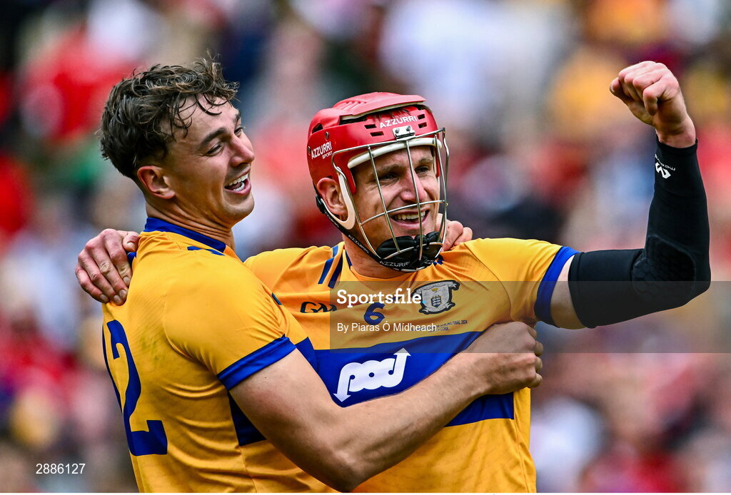 21 July 2024; Clare players John Conlon, right, and Peter Duggan celebrate after their side's victory in the GAA Hurling All-Ireland Senior Championship Final between Clare and Cork at Croke Park in Dublin. Photo by Piaras Ó Mídheach/Sportsfile