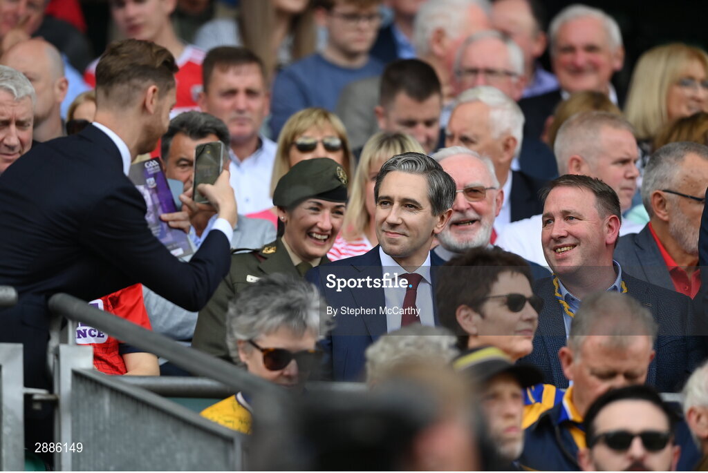 21 July 2024; An Taoiseach Simon Harris TD, right, during the GAA Hurling All-Ireland Senior Championship Final between Clare and Cork at Croke Park in Dublin. Photo by Stephen McCarthy/Sportsfile
