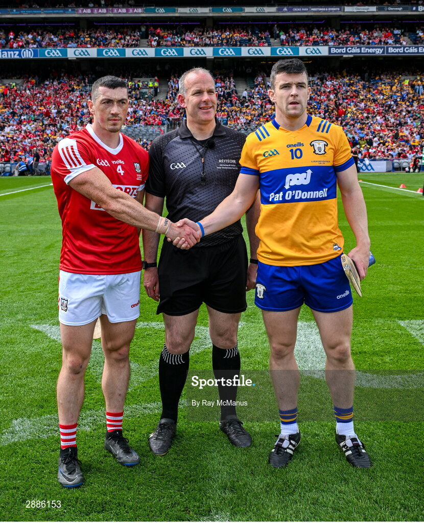 21 July 2024; Referee Johnny Murphy with the two captains, Sean O'Donoghue of Cork and Tony Kelly of Clare before the GAA Hurling All-Ireland Senior Championship Final between Clare and Cork at Croke Park in Dublin. Photo by Ray McManus/Sportsfile