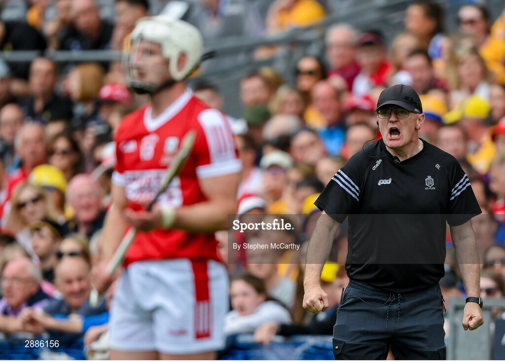21 July 2024; Clare manager Brian Lohan and Patrick Horgan of Cork during the GAA Hurling All-Ireland Senior Championship Final between Clare and Cork at Croke Park in Dublin. Photo by Stephen McCarthy/Sportsfile