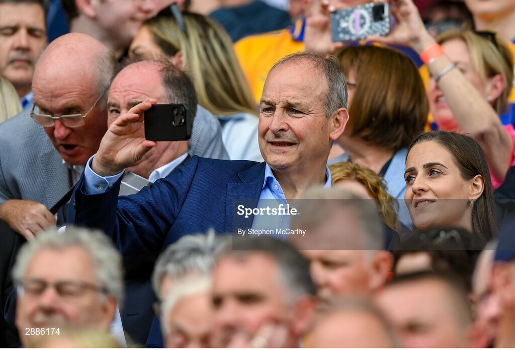 21 July 2024; Tánaiste Micheál Martin TD during the GAA Hurling All-Ireland Senior Championship Final between Clare and Cork at Croke Park in Dublin. Photo by Stephen McCarthy/Sportsfile