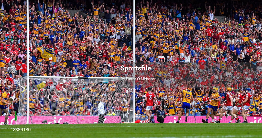 21 July 2024; Clare supporters celebrate after Mark Rodgers scored their side's second goal during the GAA Hurling All-Ireland Senior Championship Final between Clare and Cork at Croke Park in Dublin. Photo by Piaras Ó Mídheach/Sportsfile