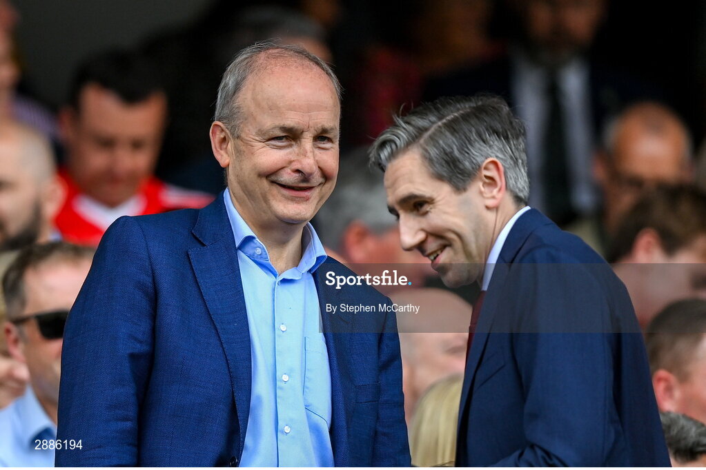 21 July 2024; Tánaiste Micheál Martin TD and An Taoiseach Simon Harris TD, right, during the GAA Hurling All-Ireland Senior Championship Final between Clare and Cork at Croke Park in Dublin. Photo by Stephen McCarthy/Sportsfile