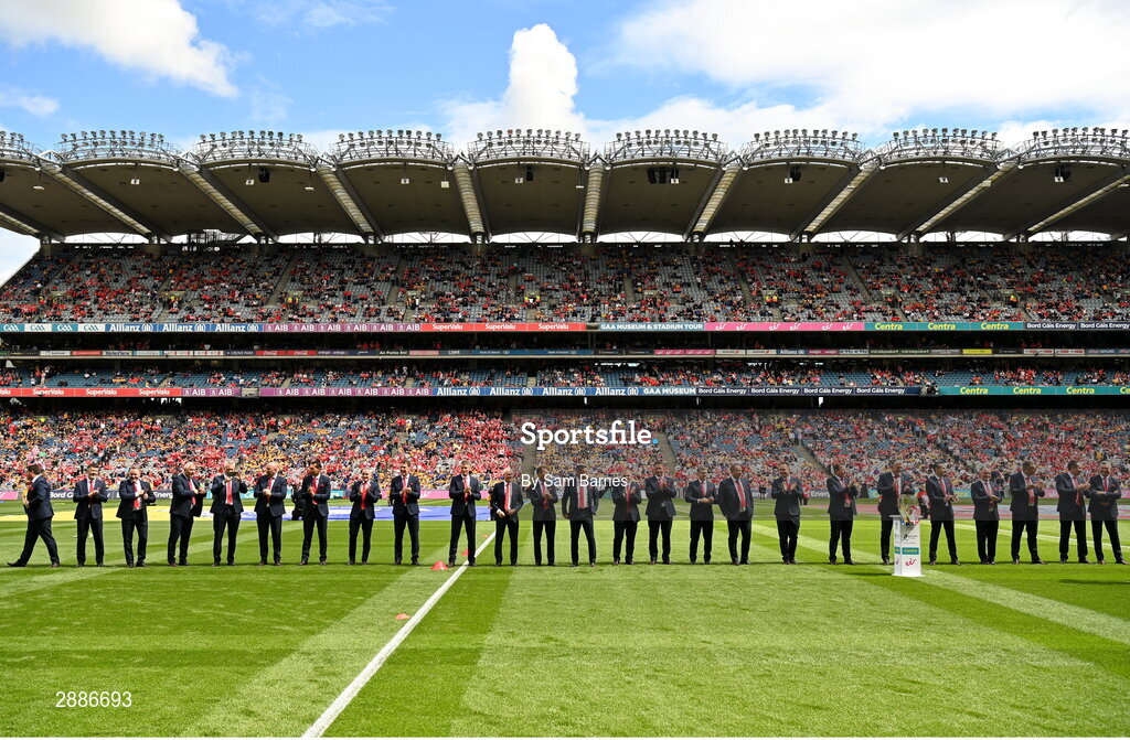 21 July 2024; The 1999 Cork All-Ireland winning  jubilee team before the GAA Hurling All-Ireland Senior Championship Final between Clare and Cork at Croke Park in Dublin. Photo by Sam Barnes/Sportsfile