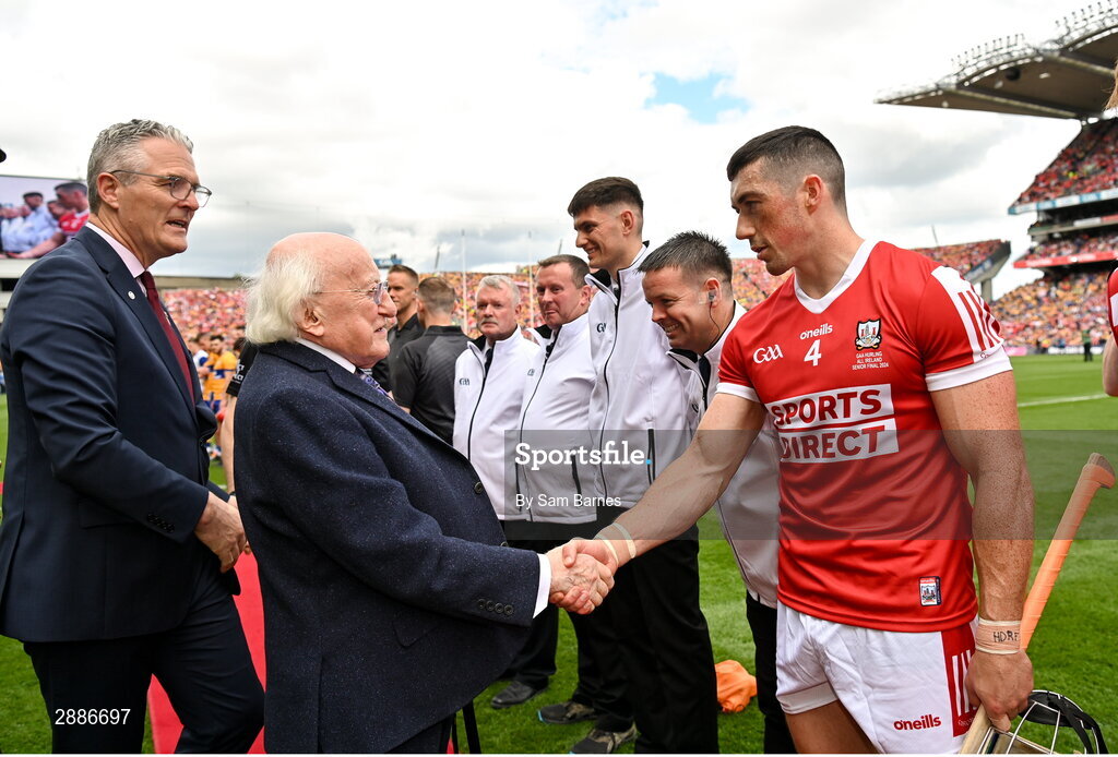 21 July 2024; President of Ireland Michael D Higgins shakes hands with Seán O'Donoghue of Cork before the GAA Hurling All-Ireland Senior Championship Final between Clare and Cork at Croke Park in Dublin. Photo by Sam Barnes/Sportsfile