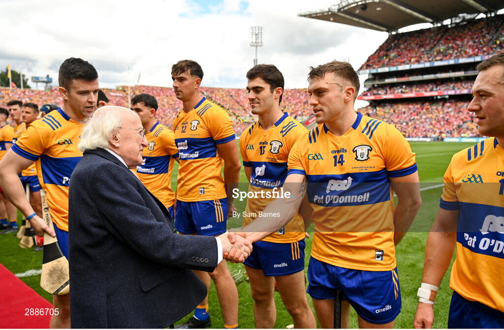 21 July 2024; President of Ireland Michael D Higgins shakes hands with Shane O'Donnell of Clare before the GAA Hurling All-Ireland Senior Championship Final between Clare and Cork at Croke Park in Dublin. Photo by Sam Barnes/Sportsfile