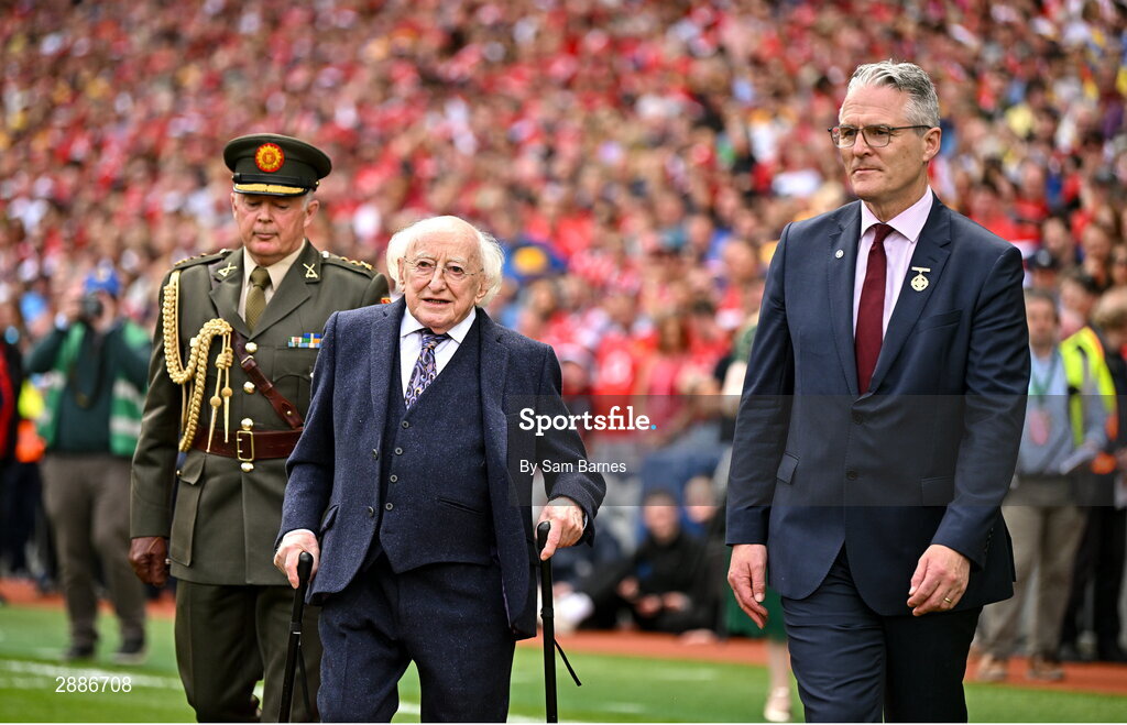 21 July 2024; Uachtarán Chumann Lúthchleas Gael Jarlath Burns and Uachtarán na hÉireann Michael D Higgins during the GAA Hurling All-Ireland Senior Championship Final between Clare and Cork at Croke Park in Dublin. Photo by Sam Barnes/Sportsfile