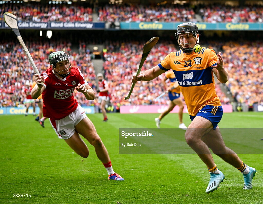 21 July 2024; Ian Galvin of Clare in action against Mark Coleman of Cork during the GAA Hurling All-Ireland Senior Championship Final match between Clare and Cork at Croke Park in Dublin. Photo by Seb Daly/Sportsfile
