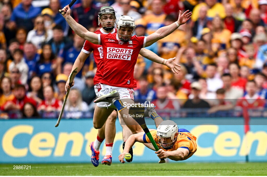 21 July 2024; Aidan McCarthy of Clare is tackled by Tommy O'Connell of Cork during the GAA Hurling All-Ireland Senior Championship Final match between Clare and Cork at Croke Park in Dublin. Photo by Seb Daly/Sportsfile