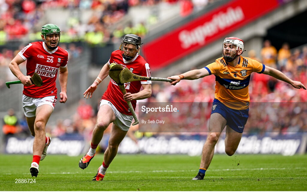 21 July 2024; Jack O'Connor of Cork is tackled by Conor Leen of Clare during the GAA Hurling All-Ireland Senior Championship Final match between Clare and Cork at Croke Park in Dublin. Photo by Seb Daly/Sportsfile