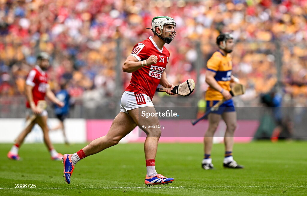 21 July 2024; Shane Kingston of Cork celebrates after scoring a point during the GAA Hurling All-Ireland Senior Championship Final match between Clare and Cork at Croke Park in Dublin. Photo by Seb Daly/Sportsfile