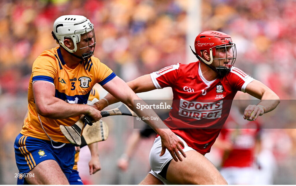 21 July 2024; Brian Hayes of Cork in action against Conor Cleary of Clare during the GAA Hurling All-Ireland Senior Championship Final match between Clare and Cork at Croke Park in Dublin. Photo by Seb Daly/Sportsfile