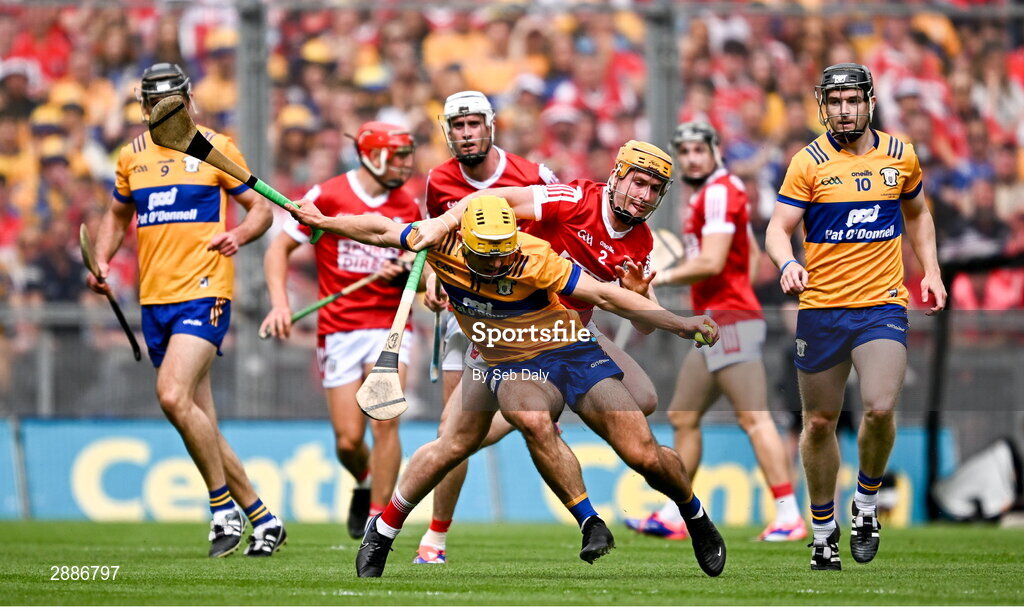 21 July 2024; Mark Rodgers of Clare in action against Niall O'Leary of Cork during the GAA Hurling All-Ireland Senior Championship Final match between Clare and Cork at Croke Park in Dublin. Photo by Seb Daly/Sportsfile