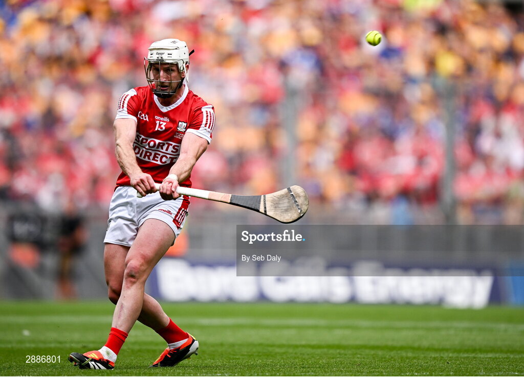 21 July 2024; Patrick Horgan of Cork takes a free during the GAA Hurling All-Ireland Senior Championship Final match between Clare and Cork at Croke Park in Dublin. Photo by Seb Daly/Sportsfile