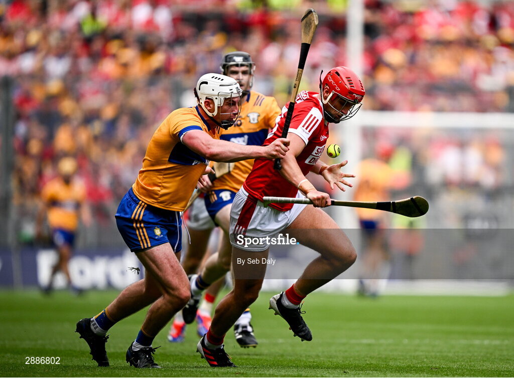 21 July 2024; Brian Hayes of Cork in action against Conor Cleary of Clare during the GAA Hurling All-Ireland Senior Championship Final match between Clare and Cork at Croke Park in Dublin. Photo by Seb Daly/Sportsfile
