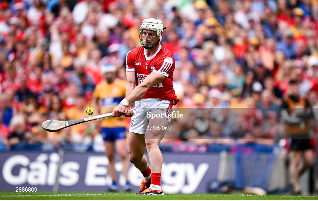 21 July 2024; Patrick Horgan of Cork takes a free during the GAA Hurling All-Ireland Senior Championship Final match between Clare and Cork at Croke Park in Dublin. Photo by Seb Daly/Sportsfile