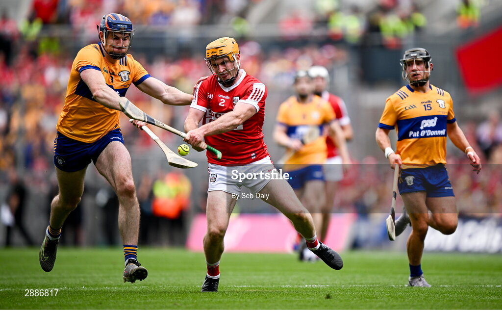 21 July 2024; Niall O'Leary of Cork in action against David Fitzgerald of Clare during the GAA Hurling All-Ireland Senior Championship Final match between Clare and Cork at Croke Park in Dublin. Photo by Seb Daly/Sportsfile