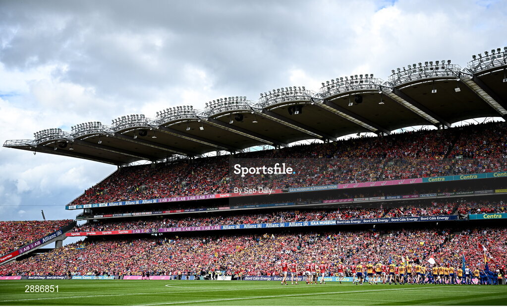 21 July 2024; A general view of the Cusack Stand during the parade before GAA Hurling All-Ireland Senior Championship Final match between Clare and Cork at Croke Park in Dublin. Photo by Seb Daly/Sportsfile